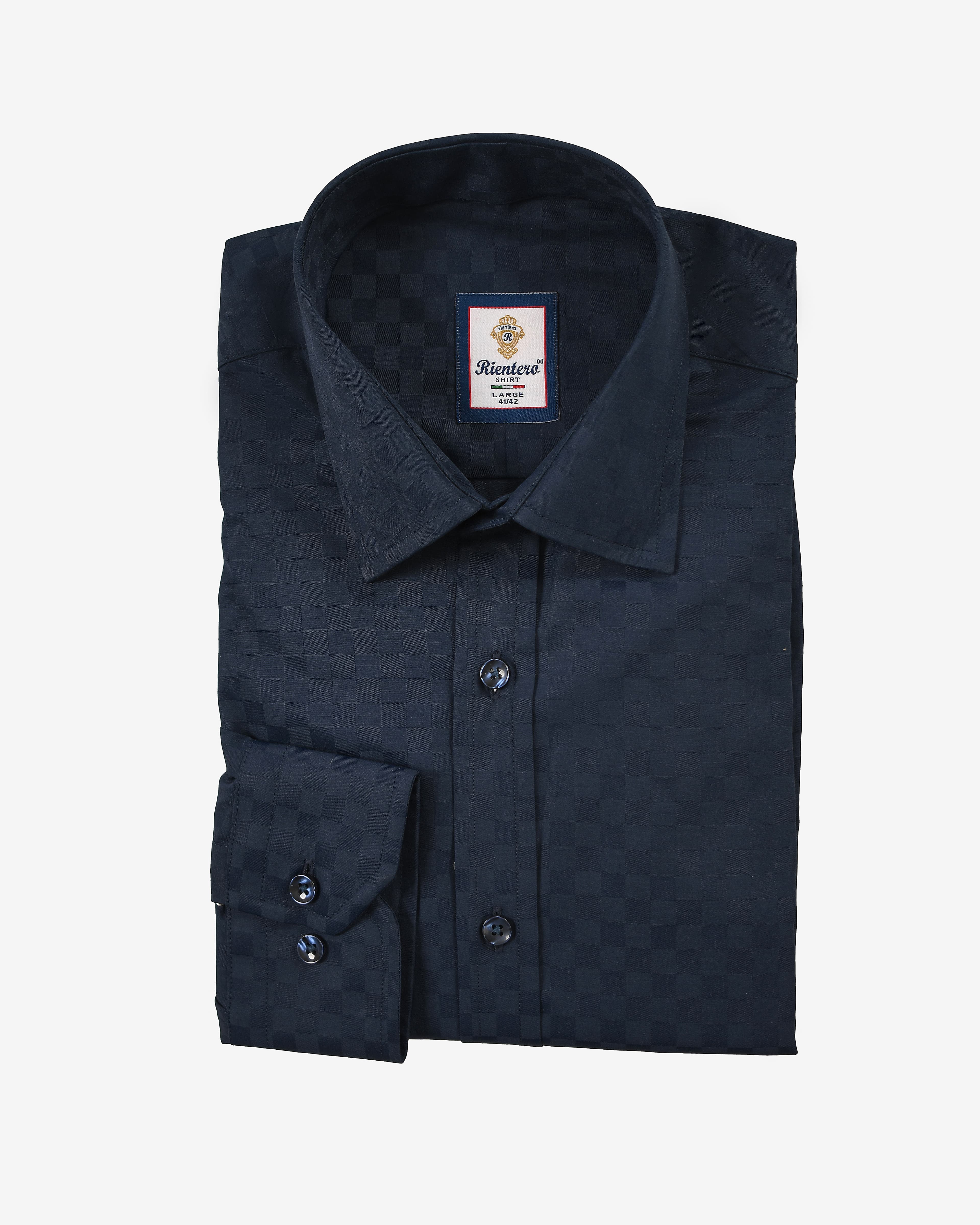 Men’s Navy Shadow-Check Jacquard Cotton Shirt